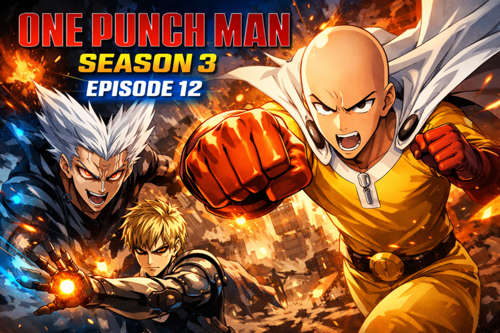 One Punch Man Season 3 Episode 12 menampilkan Saitama, Garou, dan Genos dalam pertarungan klimaks penuh aksi di kota yang hancur