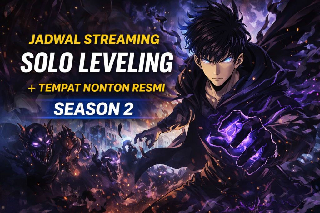 Jadwal streaming Solo Leveling Season 2 menampilkan Sung Jin-woo dengan kekuatan bayangan dan monster shadow di latar kota gelap