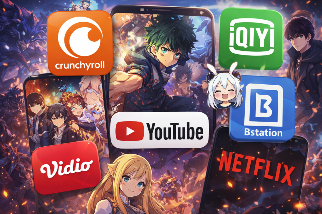 Ilustrasi platform streaming anime gratis seperti Crunchyroll, iQIYI, Bstation, YouTube, Vidio, dan Netflix dengan karakter anime populer di layar smartphone