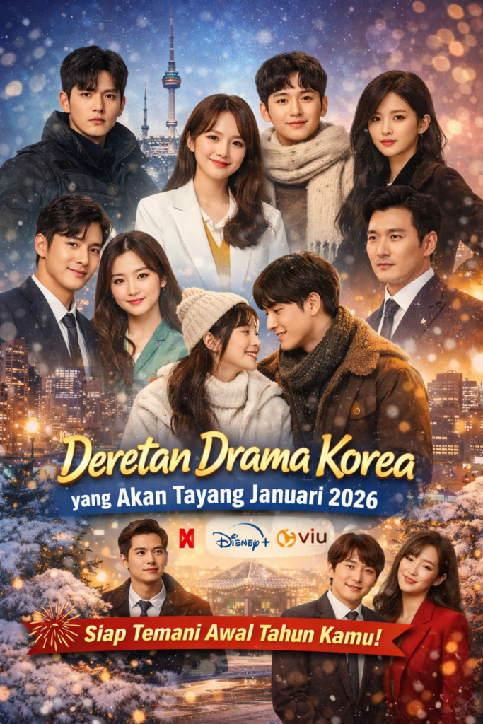 Ilustrasi deretan drama Korea yang akan tayang Januari 2026 dengan para pemain utama berlatar kota Seoul bersalju, menampilkan genre romantis, thriller, hingga drama keluarga.