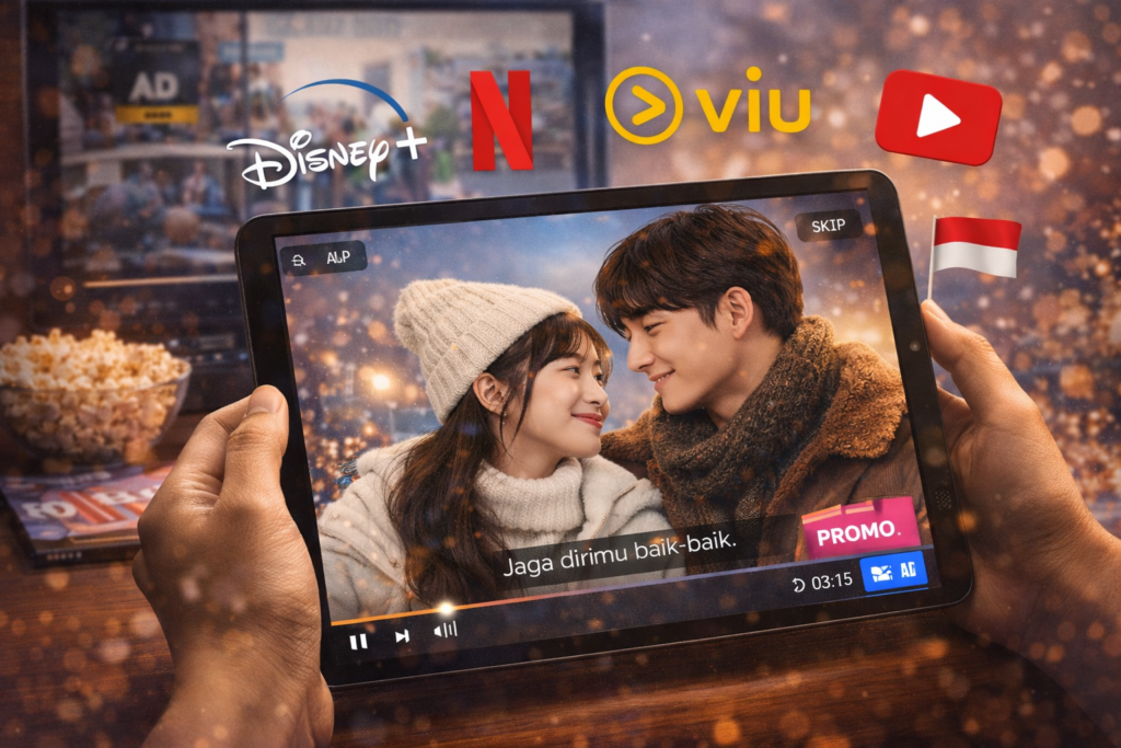 ChatGPT Image Ilustrasi menonton drama Korea sub Indonesia gratis melalui tablet dengan tampilan adegan romantis dan berbagai platform streaming resmi.