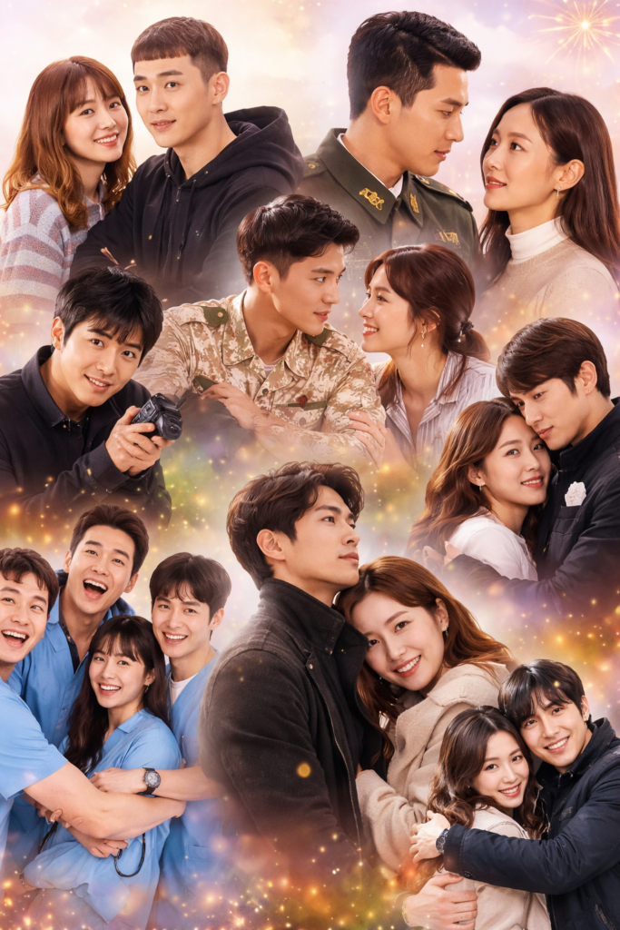 Kolase pasangan ikonik drama Korea populer dengan cerita seru, romantis, dan penuh emosi