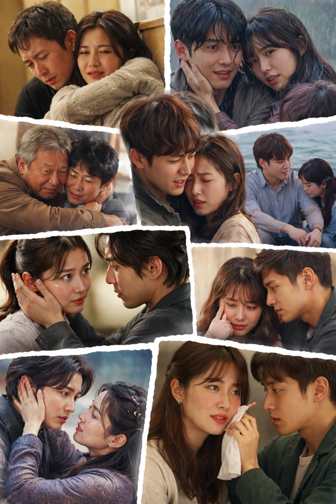 Kolase adegan emosional drama Korea sedih yang menguras air mata dengan ekspresi menangis para pemeran utama