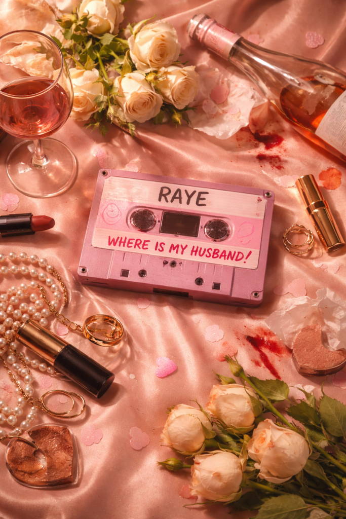 Ilustrasi kaset musik dan benda bernuansa romantis yang melambangkan pencarian cinta dan kekecewaan dalam lagu Where Is My Husband