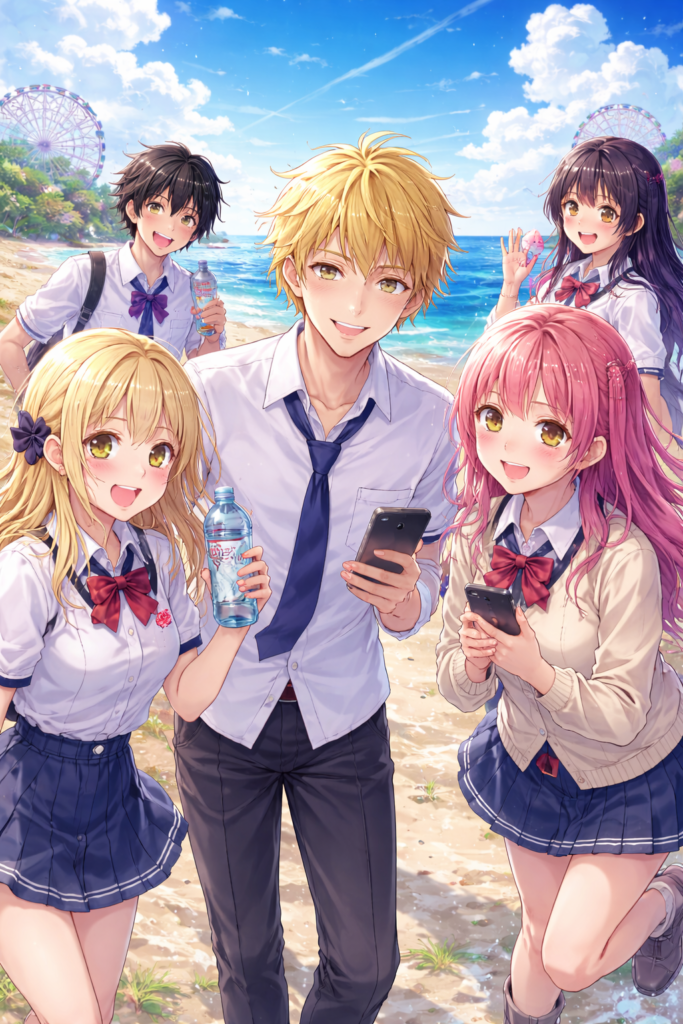 Ilustrasi karakter anime Chitose-kun wa Ramune Bin no Naka sedang menikmati suasana pantai dengan botol ramune dan ekspresi ceria