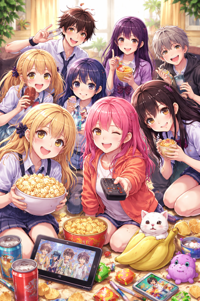 ChatGPT Image Ilustrasi anime episode pendek dengan karakter ceria sedang menonton anime bersama di ruang santai penuh camilan
