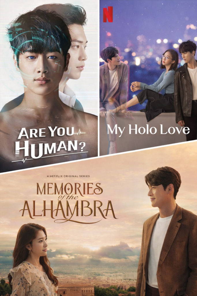 Kolase poster drama Korea fiksi ilmiah Are You Human Too, My Holo Love, dan Memories of the Alhambra dengan nuansa teknologi dan romansa yang menjadi ciri khas drama korea bertema fiksi ilmiah