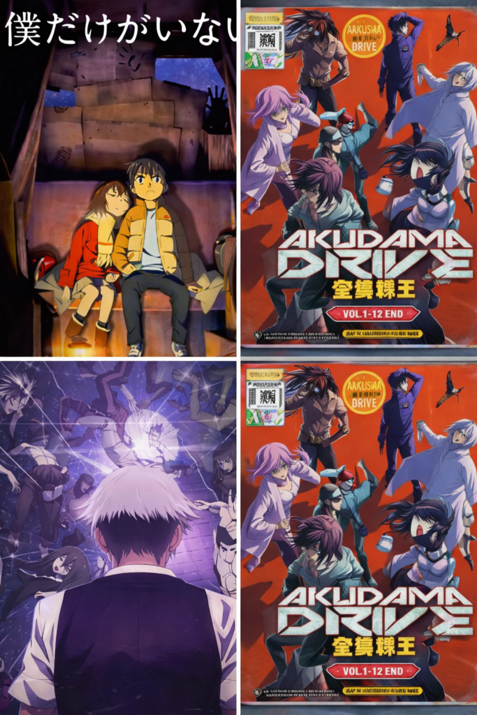 Kolase anime fantasi dan thriller episode pendek menampilkan Erased, Akudama Drive, dan Death Parade dengan visual gelap dan cerita intens.