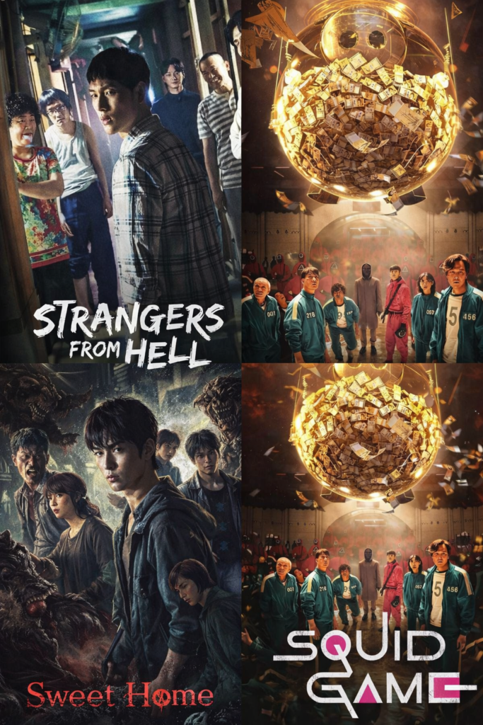 Kolase poster drakor survival Korea seperti Squid Game, Strangers from Hell, dan Sweet Home dengan nuansa gelap dan penuh ketegangan.
