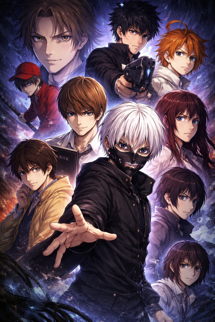 Kolase karakter anime misteri dan psikologis seperti Tokyo Ghoul, Death Note, Monster, Psycho-Pass, dan Steins;Gate dengan nuansa gelap dan intens.
