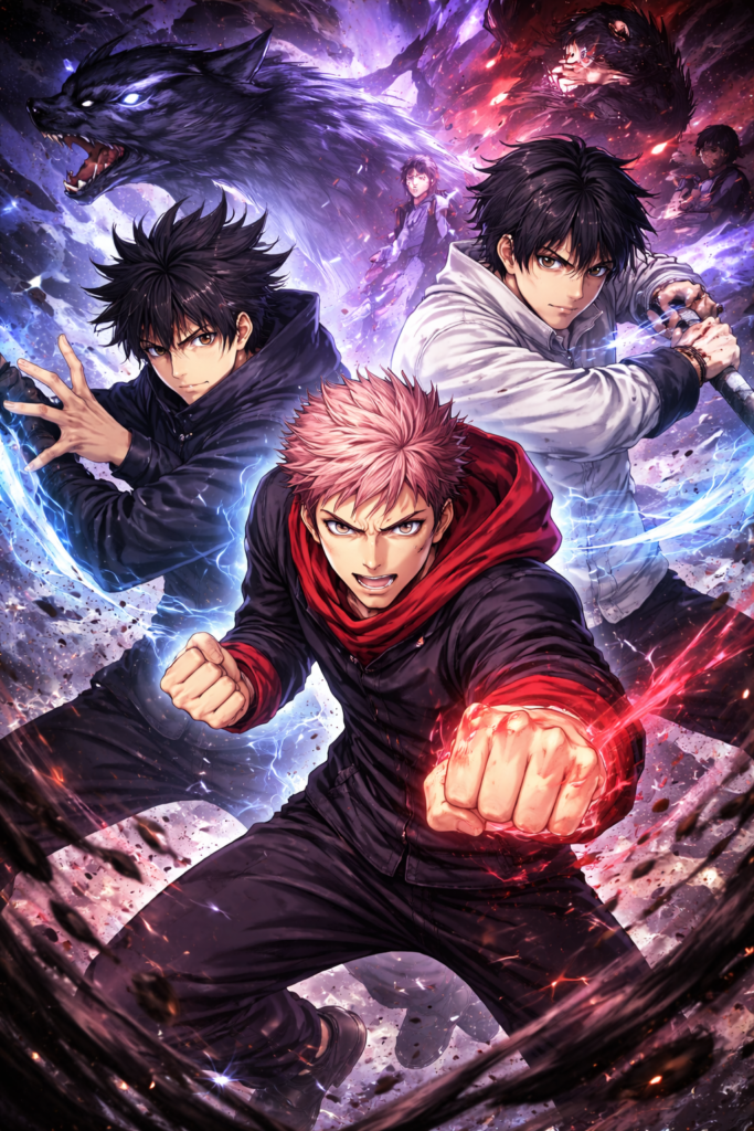 Ilustrasi Yuji Itadori, Megumi Fushiguro, dan Yuta Okkotsu dalam adegan pertarungan intens di anime Jujutsu Kaisen Season 3 The Culling Game