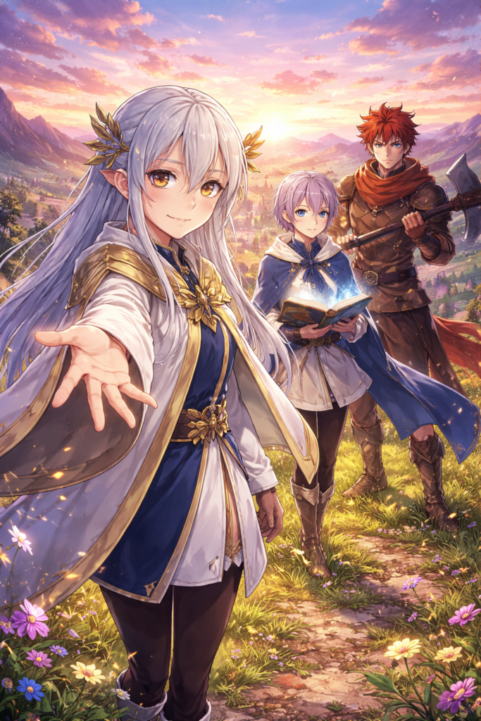 Ilustrasi Frieren, Fern, dan Stark dalam perjalanan baru dengan latar alam fantasi yang hangat di anime Frieren Beyond Journey’s End Season 2.