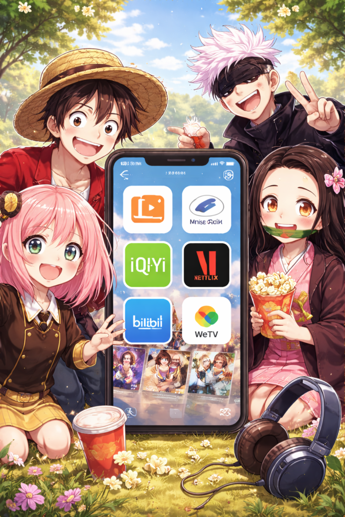 Ilustrasi anime menampilkan karakter anime populer sedang berkumpul sambil melihat smartphone berisi aplikasi streaming anime legal dan gratis.