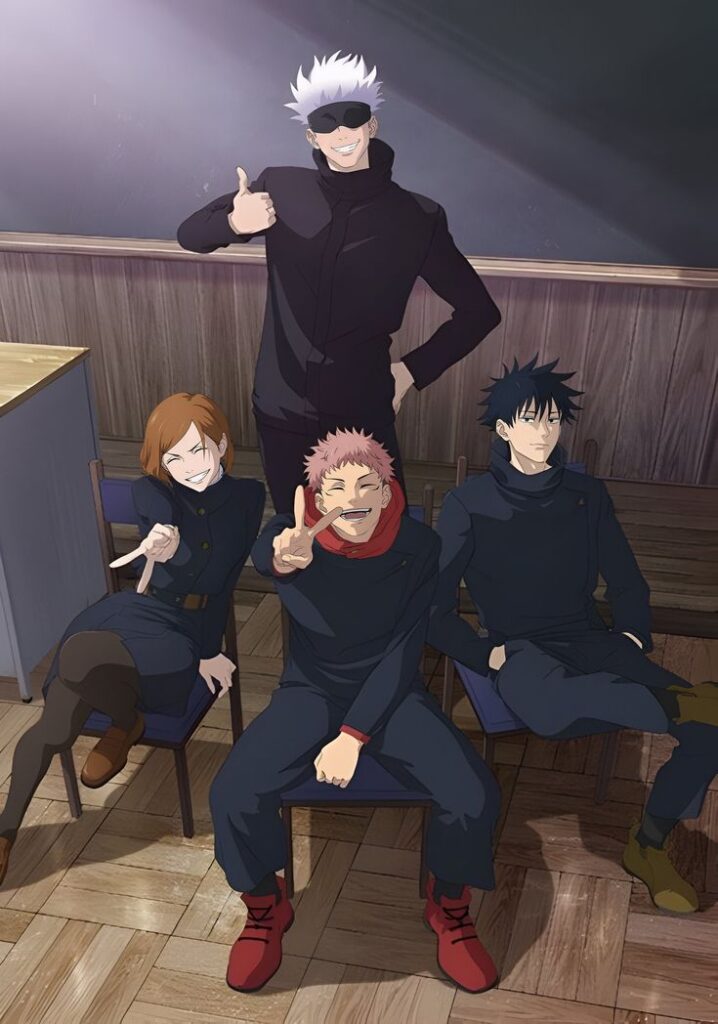 Karakter utama anime Jujutsu Kaisen Season 3 seperti Satoru Gojo, Yuji Itadori, Megumi Fushiguro, dan Nobara Kugisaki sedang duduk santai di dalam kelas dengan ekspresi ceria