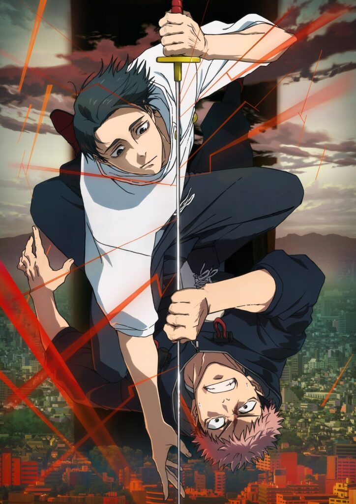 Ilustrasi Yuji Itadori dan Megumi Fushiguro dalam Jujutsu Kaisen Season 3 dengan nuansa pertarungan arc Culling Game.