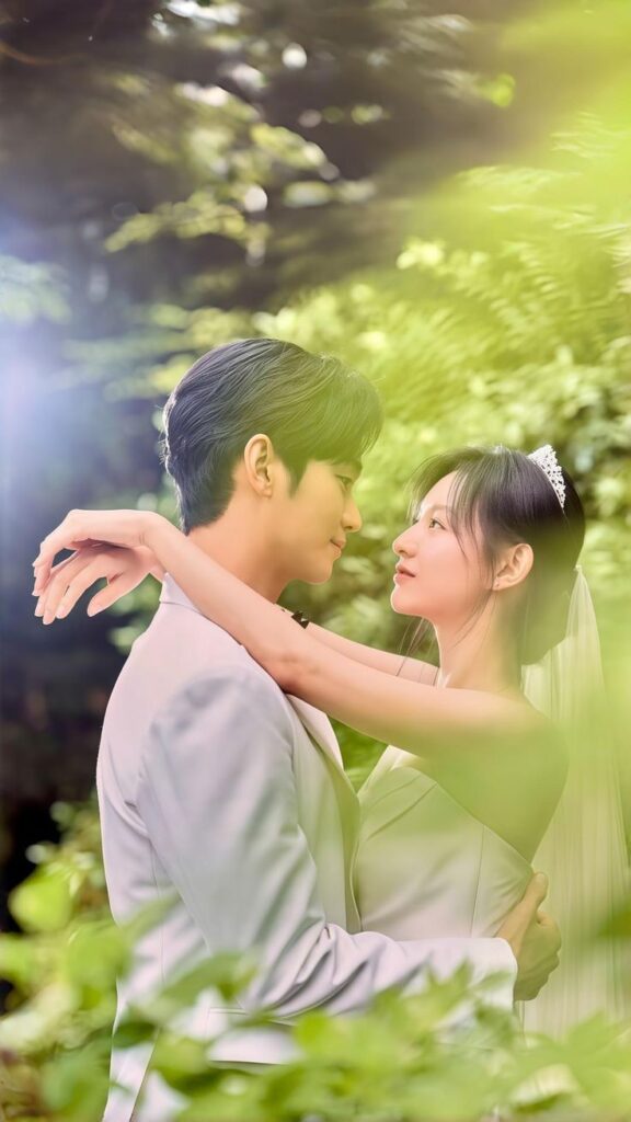 Adegan romantis pasangan utama drakor Queen of Tears saling menatap mesra di tengah taman hijau dengan nuansa pernikahan yang hangat dan emosional.